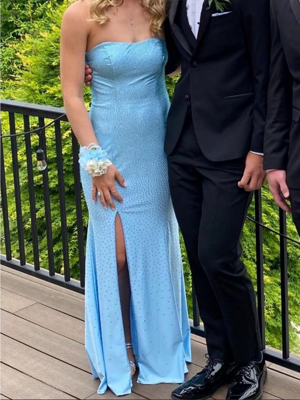 Strapless Light Blue Beaded Prom Dress with Front Slit (fits more like a 4)!
